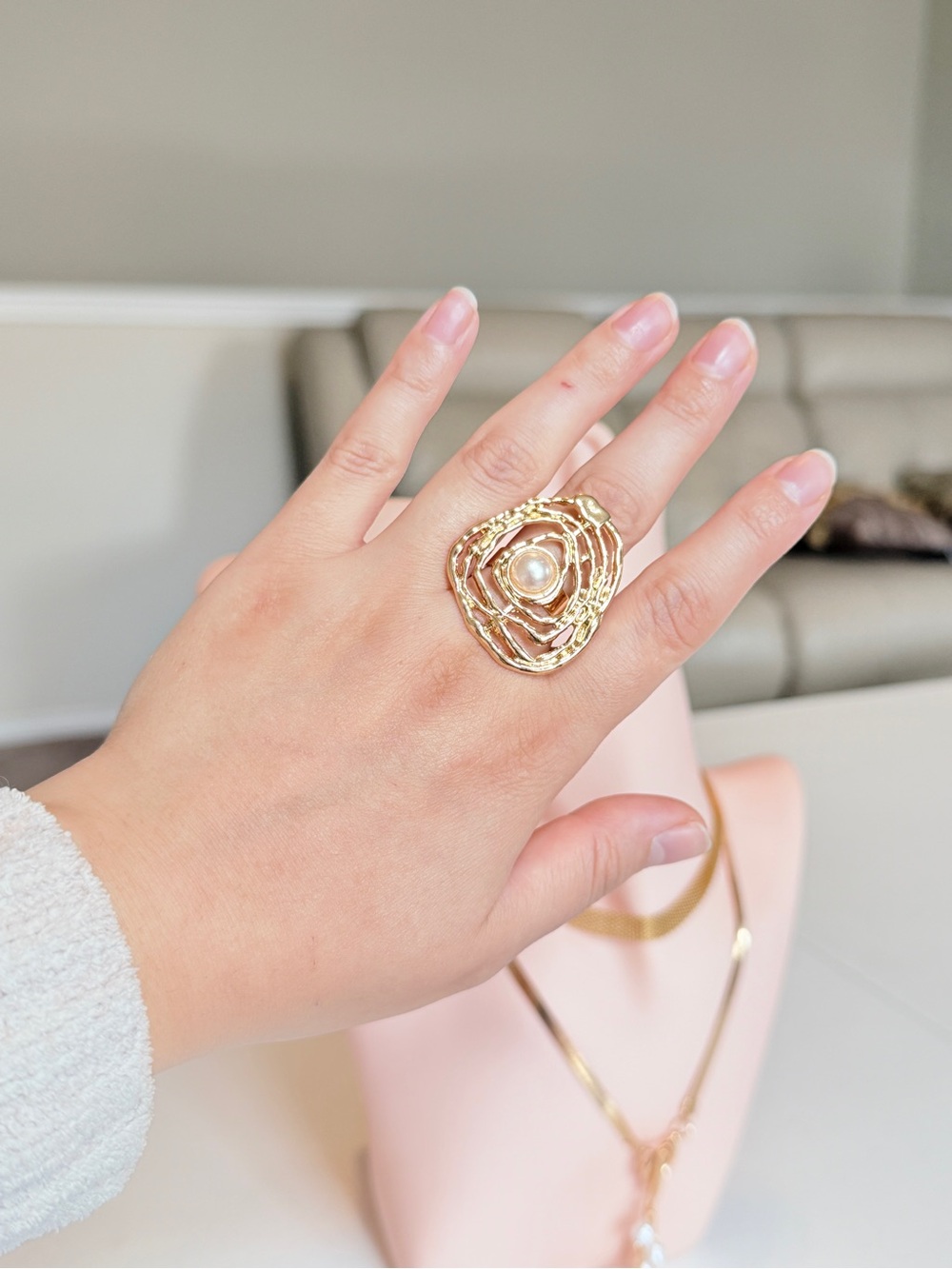 Gold Statement Ring with Pearl Accent